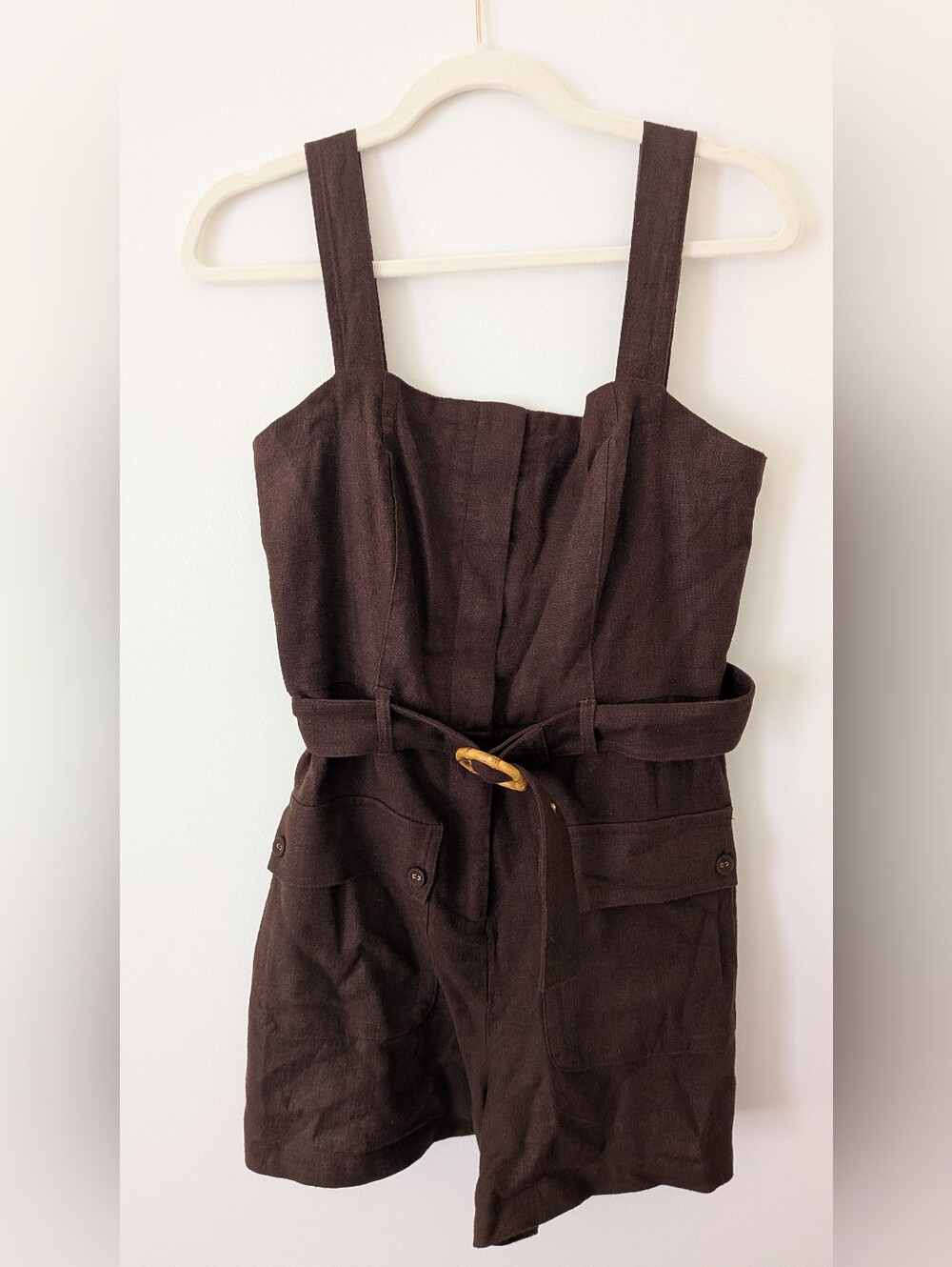 Anthropologie Belle Vere Brown Linen Belted Utility Romper Medium